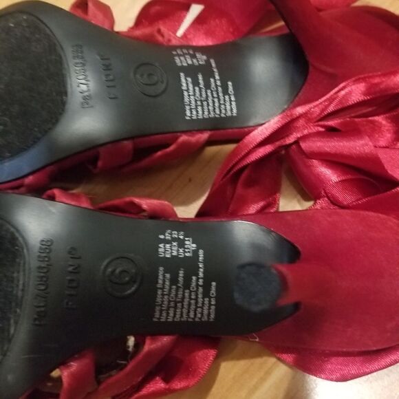 Fioni | Size 6 Vintage Ruby Red Open Toe Lace Up Heels with Circle Gem Detail - Picture 14 of 15